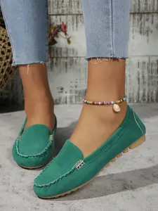 Women's Casual Round Toe Lace-Up Shoes, Pure Color Comfortable Breathable Metal Buckle Decor, Handmade Soft Sole, All-Season Wear