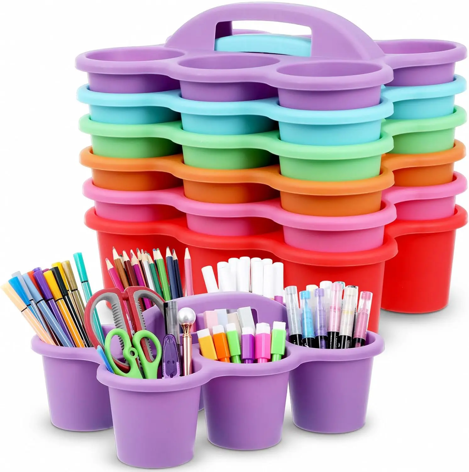 Plastic Caddy with Handle Set of 6 Classroom Caddy Organizer Cup Caddies Water Bottle Storage Crayon Caddies Plastic Cup Holder Drink Carrier for School Home Office Supplies