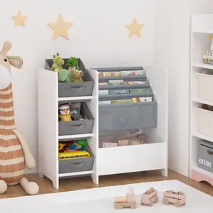 Kids Bookshelf and Toy Storage Organizer Multifunctional 4 Tier Book Shelf with 3 Collapsible Fabric Drawers for Children's Room Playroom Nursery White Gray MDF