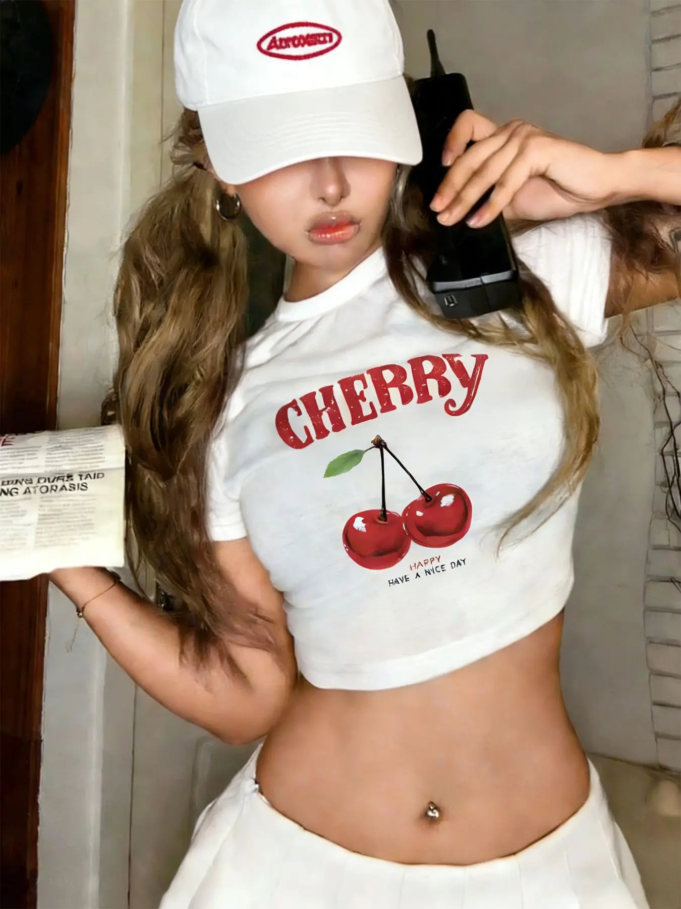 Women's Cute Cherry Graphic Slim-fit Cropped Round Neck T-shirt, Y2K Aesthetic Casual Top, Perfect for Summer Daily Streetwear & Vacation Looks