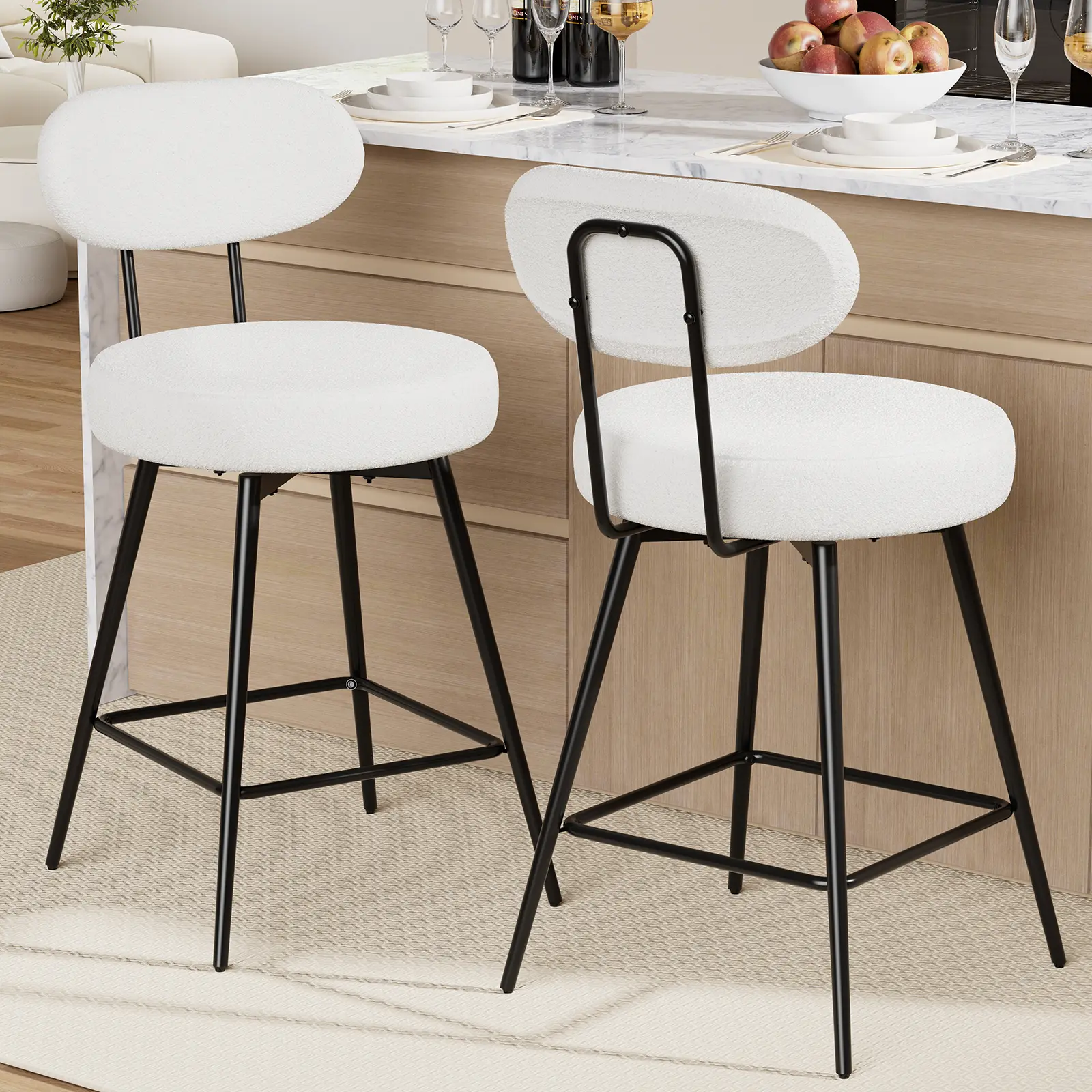 HOMMPA Counter Height Swivel Bar Stools Set of 2 Boucle Barstools 26'' Upholstered Modern Counter Barstools with Back Metal Legs Bar Stools Chairs for Kitchen Counter Island White