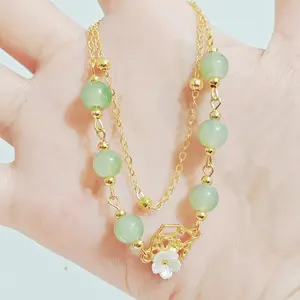 Double-Layer Stackable Artificial Jade Bracelet with Small Flower Motif - Costume Jewelry Summer Fashion Accessory, Niche Instagram-Style Gift for Best Friends