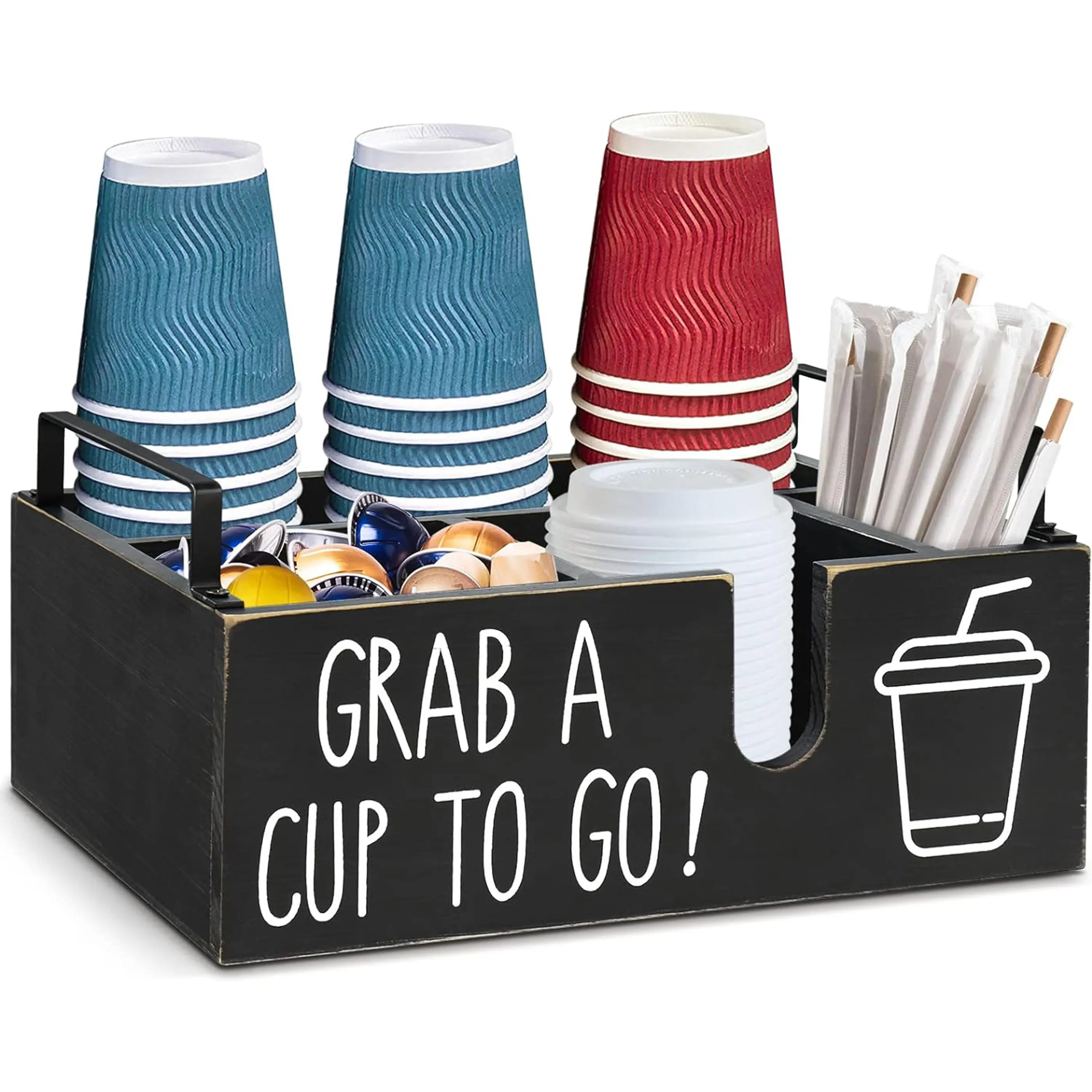 Coffee Cup and Condiment Station Wooden Coffee Bar Organizer Coffee Station Organizer for Cup Lid Sleeve Pods Condiment, Paper Cup Dispenser Coffee Bar Accessories Storage Kitchen Racks Box Utensil