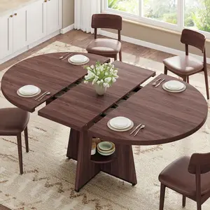 43''–59'' Extendable Dining Table, Round Kitchen Dining Room Dinner Table with for 4 6 8 People, Space Saving Modern Oval Expandale Furniture with Storage and Pedestal for Kitchen Living Room (Brown)