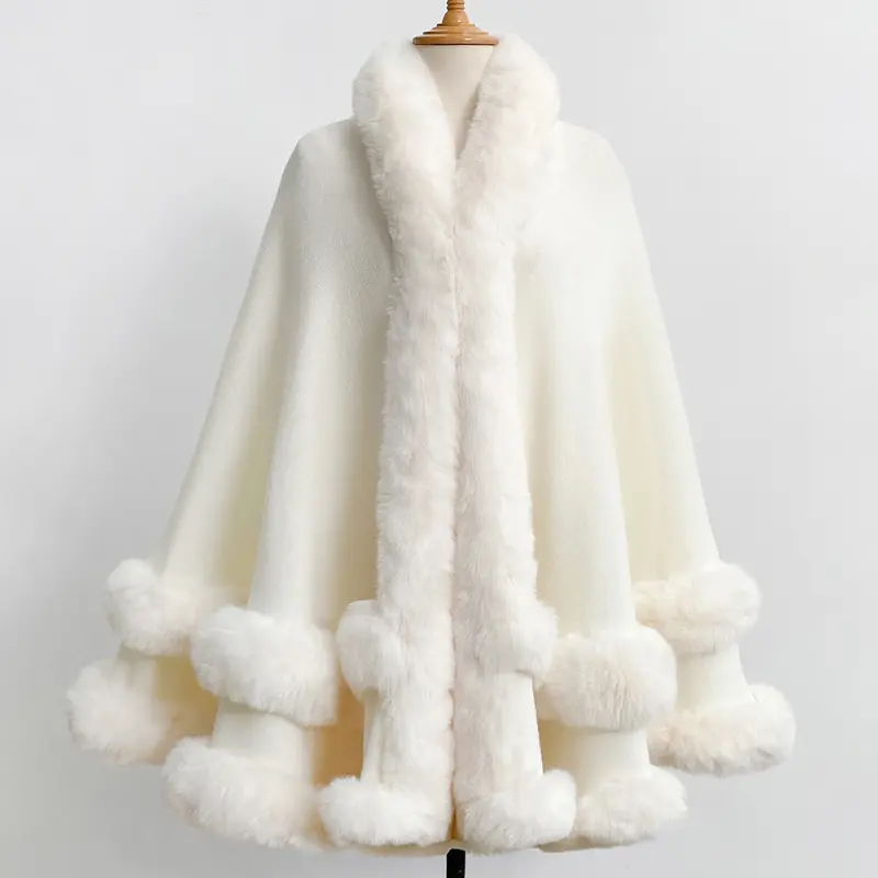 Luxury Plush Hooded Cape, Faux Fur Trim Shawl Coat, Ideal for Air-Conditioned Rooms, Cozy for Home and Party Use, Fall and Winter Cold Weather Outerwear