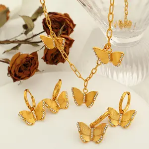 Women's 18K Gold Plated Stainless Steel Butterfly Jewelry Set - Adjustable Necklace, Hoop Earrings, Hypoallergenic Heart Locket, Instagram-Style Costume Accessories