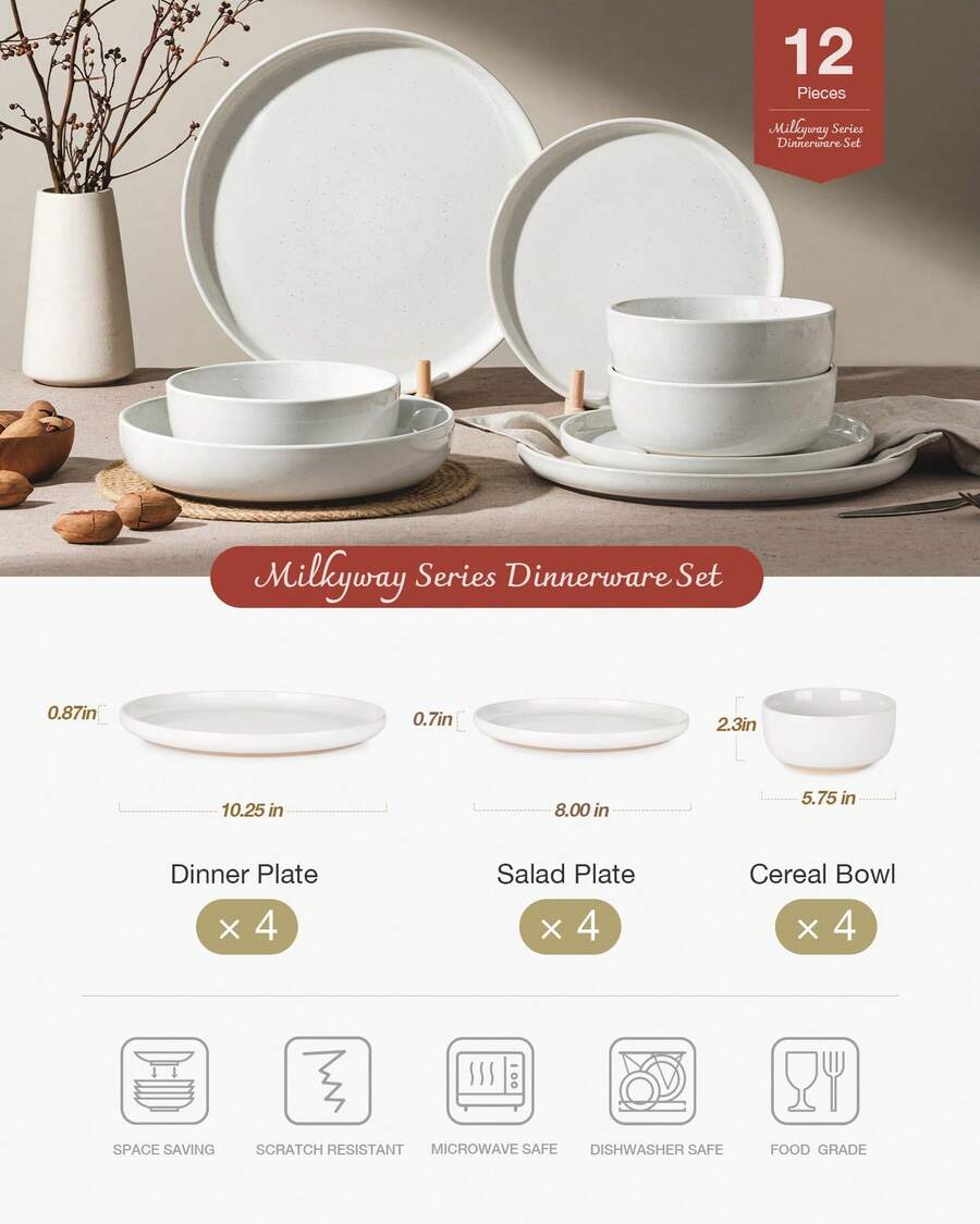 12 Pieces Dinnerware Sets, Dishes Set For 4, Plates And Bowls Set, Perfect For Your Friend For Housewarming, Thanksgiving, Christmas