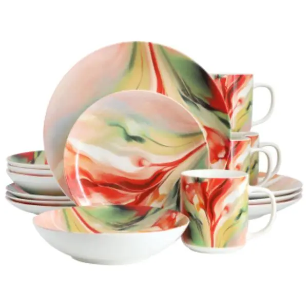 Elama Autumn Storm Abstract Design 16-Piece Round Porcelain Tableware Set, Multicolor - Includes Dinner Plates, Plates, Bowls, Mugs