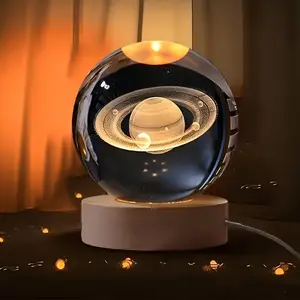 3D Solar System Crystal Ball Night Light, Laser Engraved USB Powered, Desk Decor, Valentine's Day Gift, Bedroom Bedside Lamp, Office Decoration