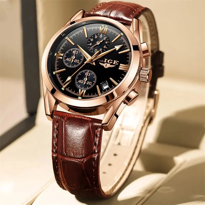 LIGE Men's Business Quartz Watch - Leather Strap, Water Resistant, Chronograph, 40mm Round Face, Calendar Function, Quartz Dial, Water Resistant Watch