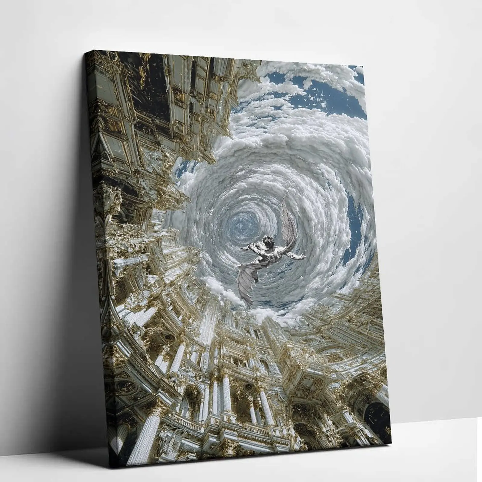 Fallen Angel Baroque Architecture Canvas Wall Art Surreal Cloud Vortex Poster Renaissance Gold Cathedral Painting Classical Mythology Artwork High Definition Print Living Room Bedroom Aesthetic Home Interior Wall Decor