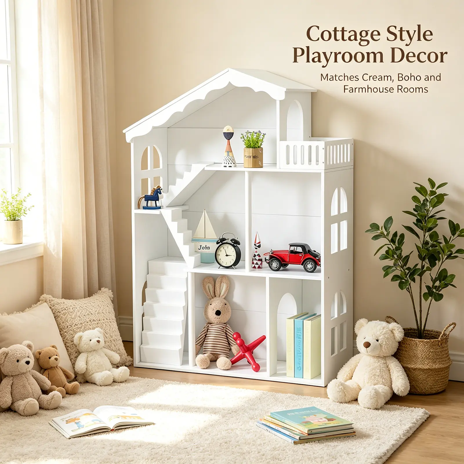 Montessori DIY Wooden 3-Story Doll House Playhouse - Unisex Toddler Science-Focused Kids Room Bookshelf Storage Organizer, White Castle Display Cabinet, CPC Certified