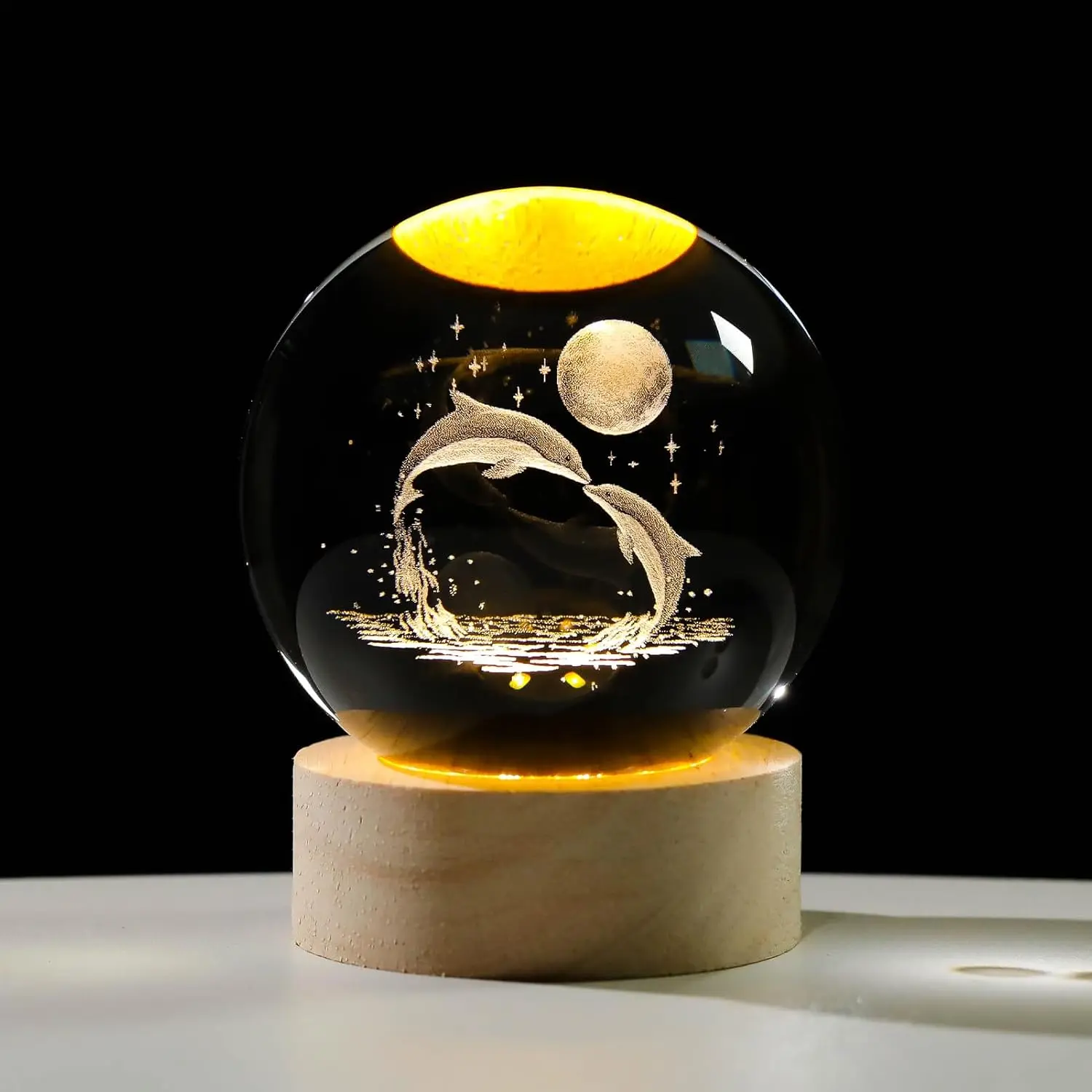 3D Dolphin Crystal Ball Night Light,60mm Glass Dolphin Lamp with Wooden Base, Laser Engraved Glass Sphere Home Decor(2.4”/ 6cm)