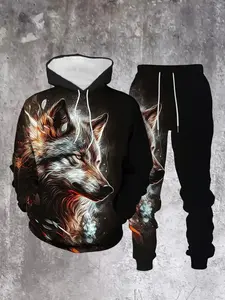 Men's Wolf Print Hoodie & Sweatpants Set, Sporty Streetwear, Polyester Blend, Perfect for Spring & Fall Seasons, Streetwear Tracksuit Set