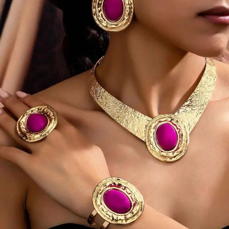 Women's K-Inspired Dainty Embellished Asymmetric Jewelry Set - Dainty Jewelry Sets with Necklace, Hook Earrings, Bracelet, Ring - Elegant Daily, Ceremony Gift for Women