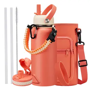 32/40/64oz Insulated Water Bottle with Straw, Paracord Handle & Carrier Bag, Wide Mouth Vacuum Insulated Hydro Bottle, Stainless Steel Thermo Bottle Flask for Sports Office School, Cold 48Hrs & Hot 24Hrs