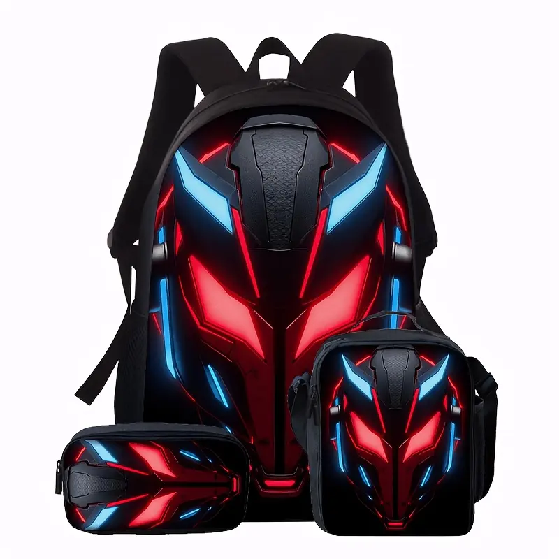 Youth Unisex 3pcs Multi-Function Futuristic Tech-Style Backpack Set - Mechanical Beast Head Graphic Print, Backpack, Crossbody Bag, Clutch, Athletic, Zip, Mesh, Adjustable Luggage (13cm Deep, 32cm Wide, Lightweight) for Campus Life, Holiday
