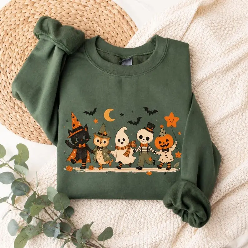 Halloween Sweatshirt, Ghost Pumpkin Cat , Spooky Season Crewneck Sweater, Black Cat Halloween , Fall Cartoon Ghost Skeleton Top