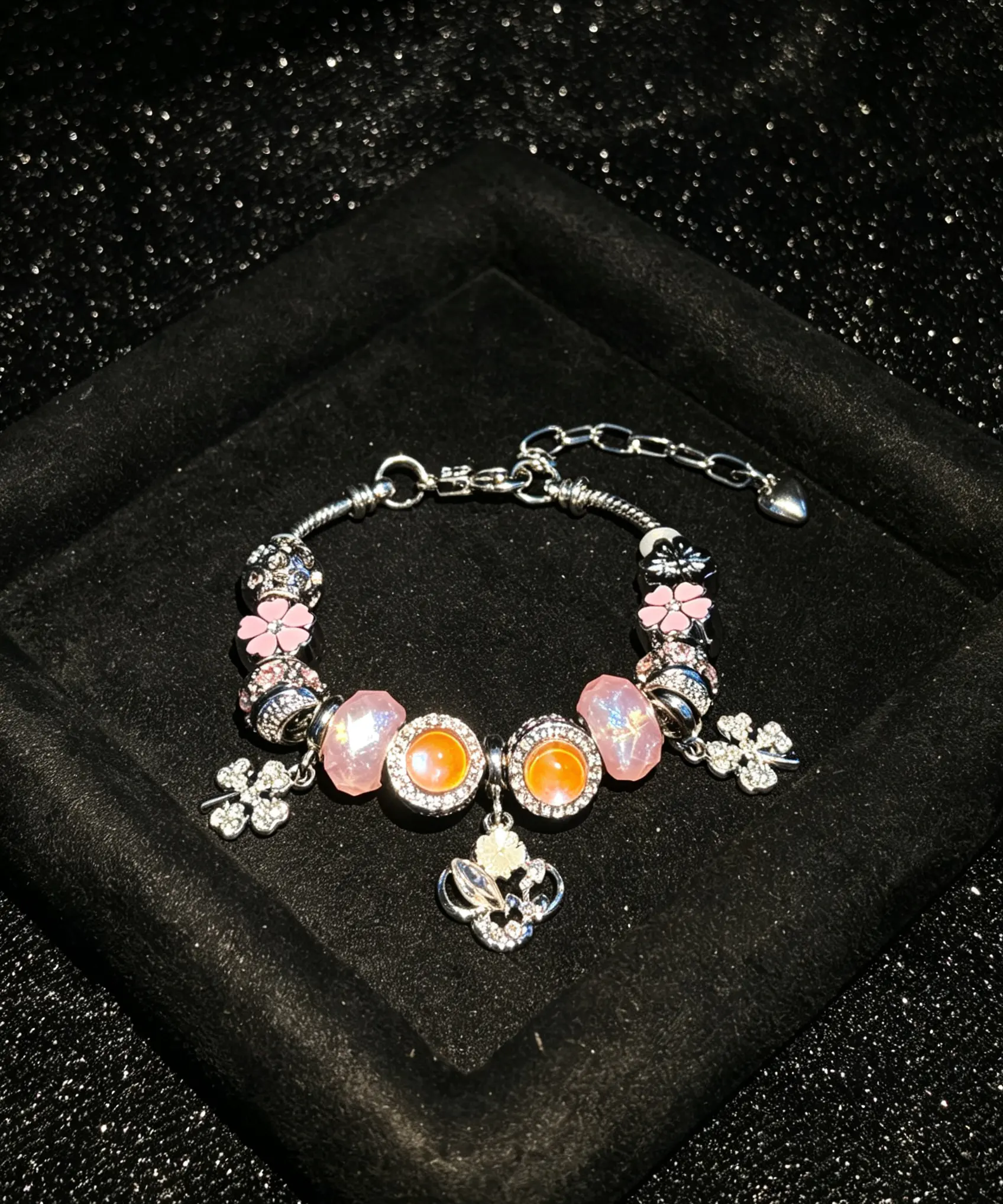 Women's Enchanting Pink-Orange Beaded Charm Bracelet with 4-Leaf Clover Dangle, Fashion Costume Jewelry Gift