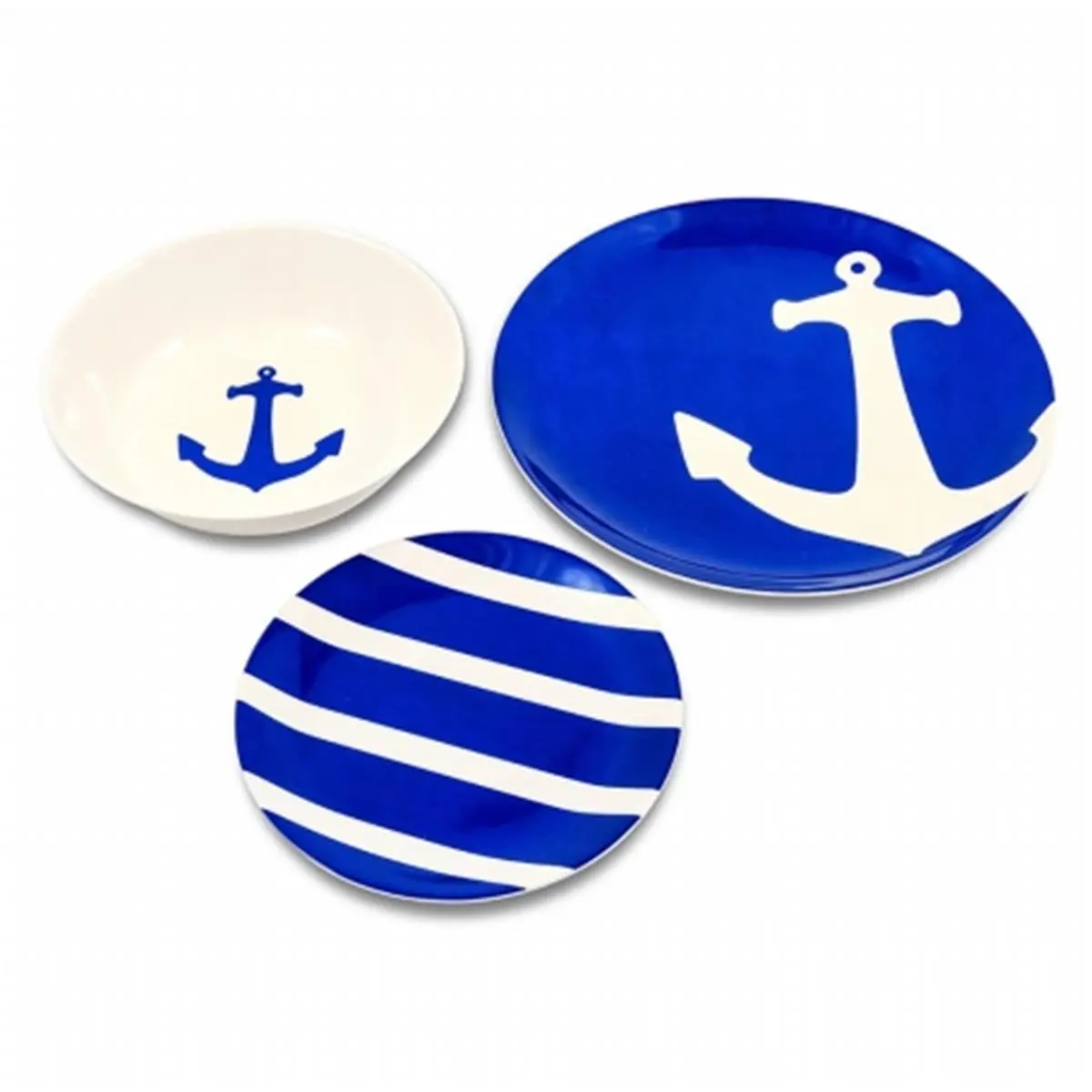 CAMCO Camping Kitchenware Set - 12-Piece Nautical Anchor & Stripe Dinnerware for 4, Dishwasher-Safe, BPA-Free Plates & Bowls for RV, Outdoor Use