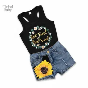 Global Baby Girls Sleeveless Letter Printed Halter Vest + Sunflower Denim Shorts Clothes Toddler Summer Outfit Set Round Neck Sleeveless Letter Print Tank Tops with  Denim Shorts 2Pcs