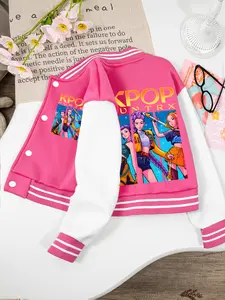 Girls' Fashion Energetic Baseball Jacket, K-POP Girl Print, Ultra-Soft Breathable, Versatile for Daily & Parties