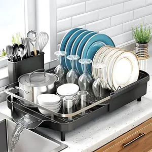 Dish Drying Rack - Expandable Dish Rack for Kitchen Counter, Stainless Steel Dish Drainer with Drainboard Set and Utensil Holder. Organiser