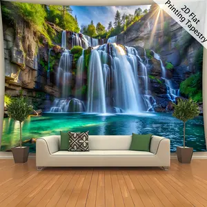 Ultra large size- Mountains And Rivers Waterfall Sunlight Landscape- HD Digital Printing Huge Tapestry- Polyester- Home Decoration- with Free Hanging Clips, 2D Flat 60X40