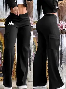 Women's black casual trousers, featuring flap pockets, elastic waistband, and a straight-leg fit. Suitable for spring, summer, and autumn wear.  Workwear style. Pants