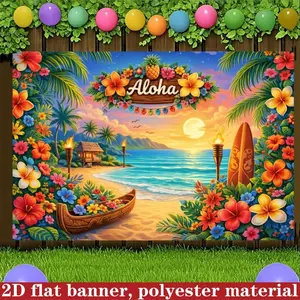 2D Flat 1pc Aloha Hawaiian Beach Backdrop Banner, Tropical Flower Palm Tree Surfboard Photography Background, Ideal for Summer Pool Party, Luau Themed Event, Beach Vacation, Birthday Celebration, Photo Booth Decor, Multiple Sizes Available