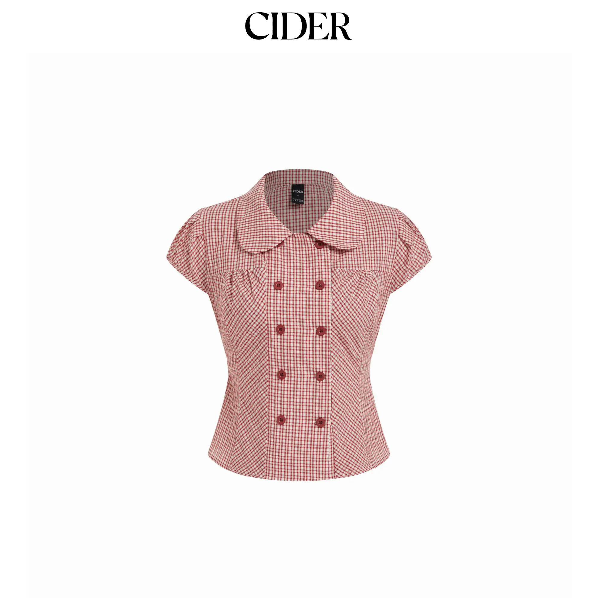 Cider Gingham Plaid Cotton-Blend Blouse, Short Puff Sleeve Top with a Peter Pan Collar and Double Breasted Buttons, Shortsleeve, Casual, Lady, Collared