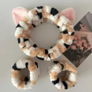 2026 New Striped Plush Skincare Set - Soft Coral Fleece Bunny Ear Headband and Wristband, Cute Korean Textured, Non-Slip Headbands for Washing Face, Makeup Use (Indoor Leisure)