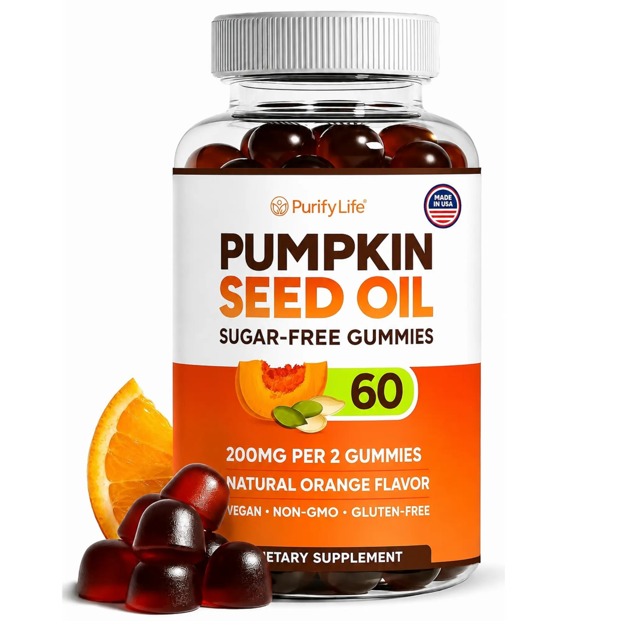 Sugar-Free Pumpkin Seed Oil Gummies – 200mg per Serving, 60ct, Natural Orange Flavor, Vegan Supplement for Hair, Skin & Nails