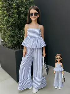 Girls' Striped Crop Top and Straight Leg Pants Set, Summer Fashion Casual, 2 Piece Set, Elegant Ruffle Design, Sleeveless Camisole, Striped Sets