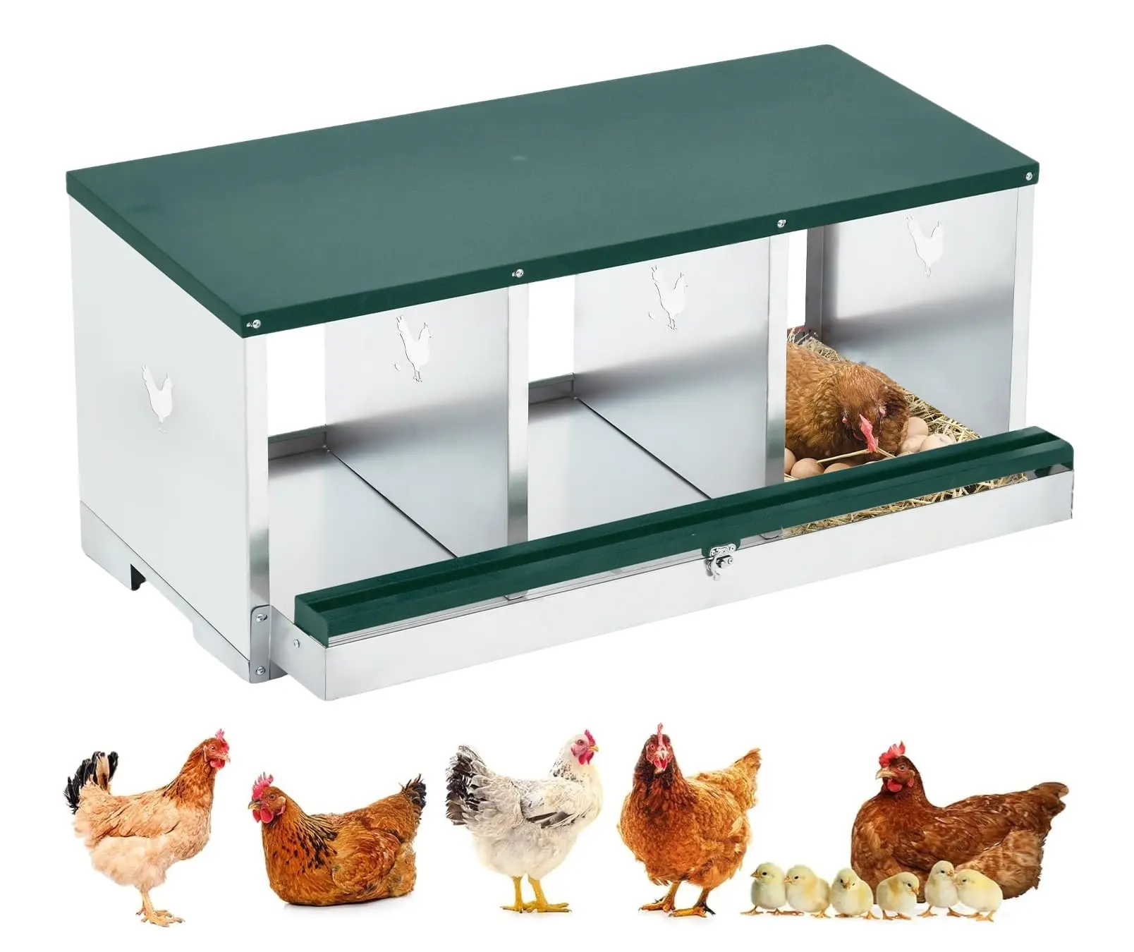 GARVEE Chicken Nesting Boxes, One-Tier Metal Chicken Egg Laying Box with 3 Compartments Large Vented Holes Chicken Coop for Egg Collection,Green