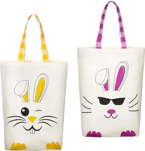2 Pcs Easter Tote Bags for Kids Easter Canvas Gift Bags Bunny Ears Basket for Boys Girls