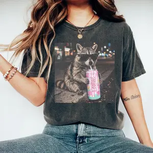 Raccoon Alani Drink Graphic Tee, Fun Animal Lover Shirt, Vintage Raccoons Shirt, Funny Meme Genz Dank Raccoons Shirt