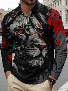 Men's Long Sleeve Classic Polo Shirt Top, Dark Style Lion Graffiti Art Print, Breathable Comfort Fit, Casual Spring & Fall Fashion
