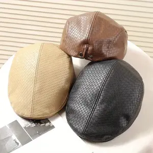Japanese-Inspired Slim-Faced Faux Leather Beret Cap for Women & Men - Stylish Brown Faux Leather Painter Hat with Grid Pattern, Perfect for Fall & Winter, Hand Wash or Dry Clean, Winter Headwear, Minimalist Headwear, Smooth Texture