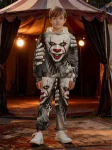 Boys' Fashion Clown Pattern 3D Printed Hoodie Set, Long Sleeve Design Sports Wear, Spring Fall Winter Outdoor Hoodies, Casual Fitted Cut Style
