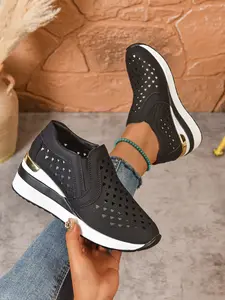 Women's Hollow Out Wedge Sneakers Spring New Design Breathable Thick Sole Lazy Shoes, Comfortable Slip-On Casual Footwear, Walking Shoes