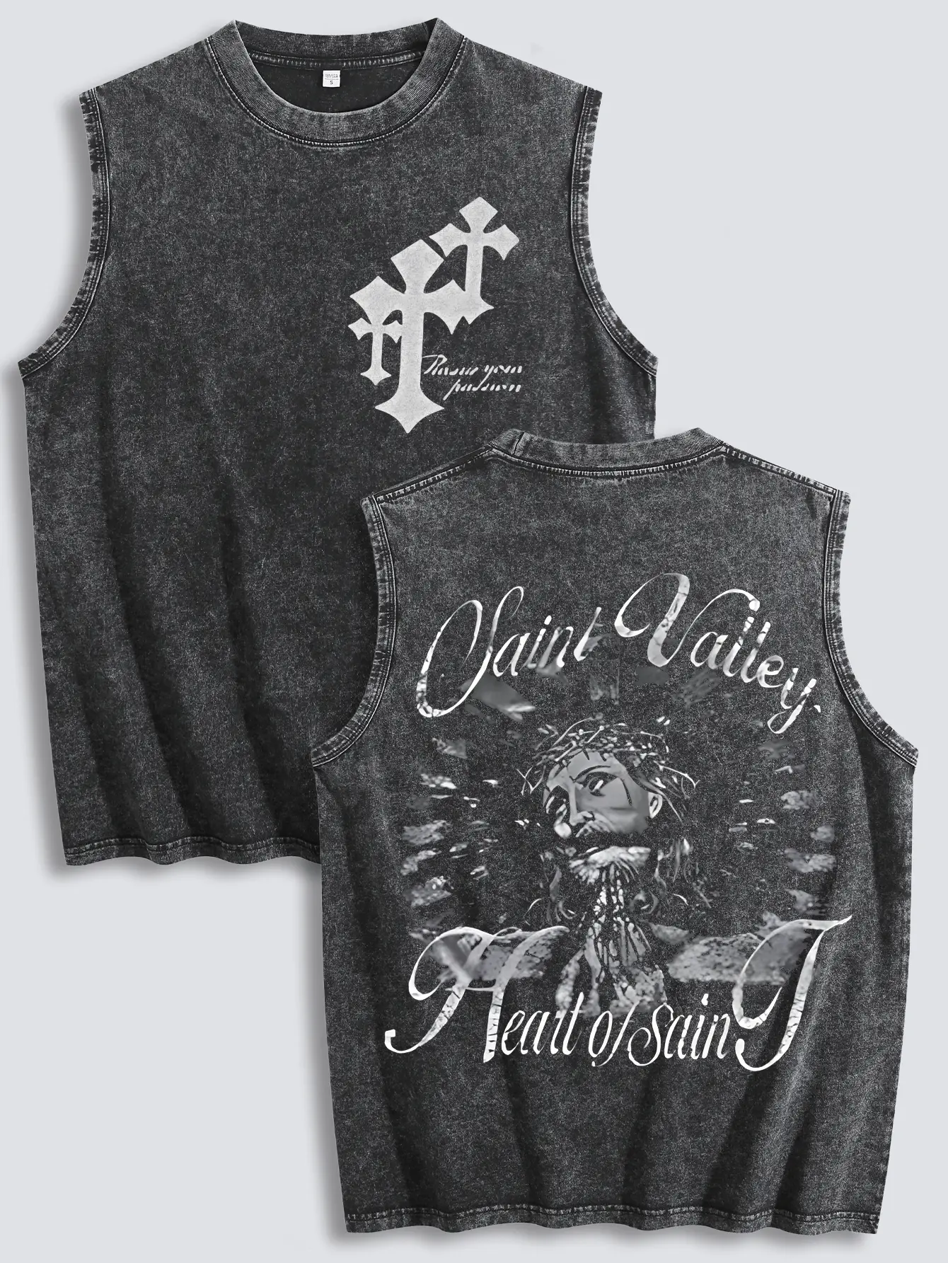 Menswear  TK Style Faith   Men's Vintage Gothic Oversized SleevelessGraphic Vest - Washed Black, Y2K Streetwear, SummerCasual Top singlets