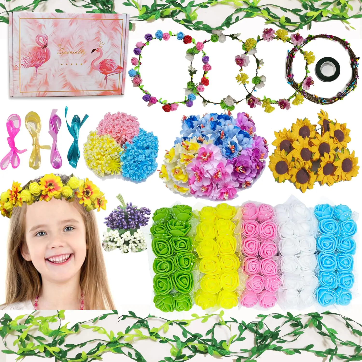 Flower Crowns Craft Kit, 12 PCs DIY Flower Garland Headbands & Bracelets for Girls & Teens