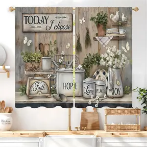 Rustic Farmhouse Kitchen Curtains, 2-Panel 27.5W x 39L in Rod Pocket Drapes, Vintage Tableware Still Life Farm Floral Design, Small Short Cafe Tier for Bathroom Home Decor