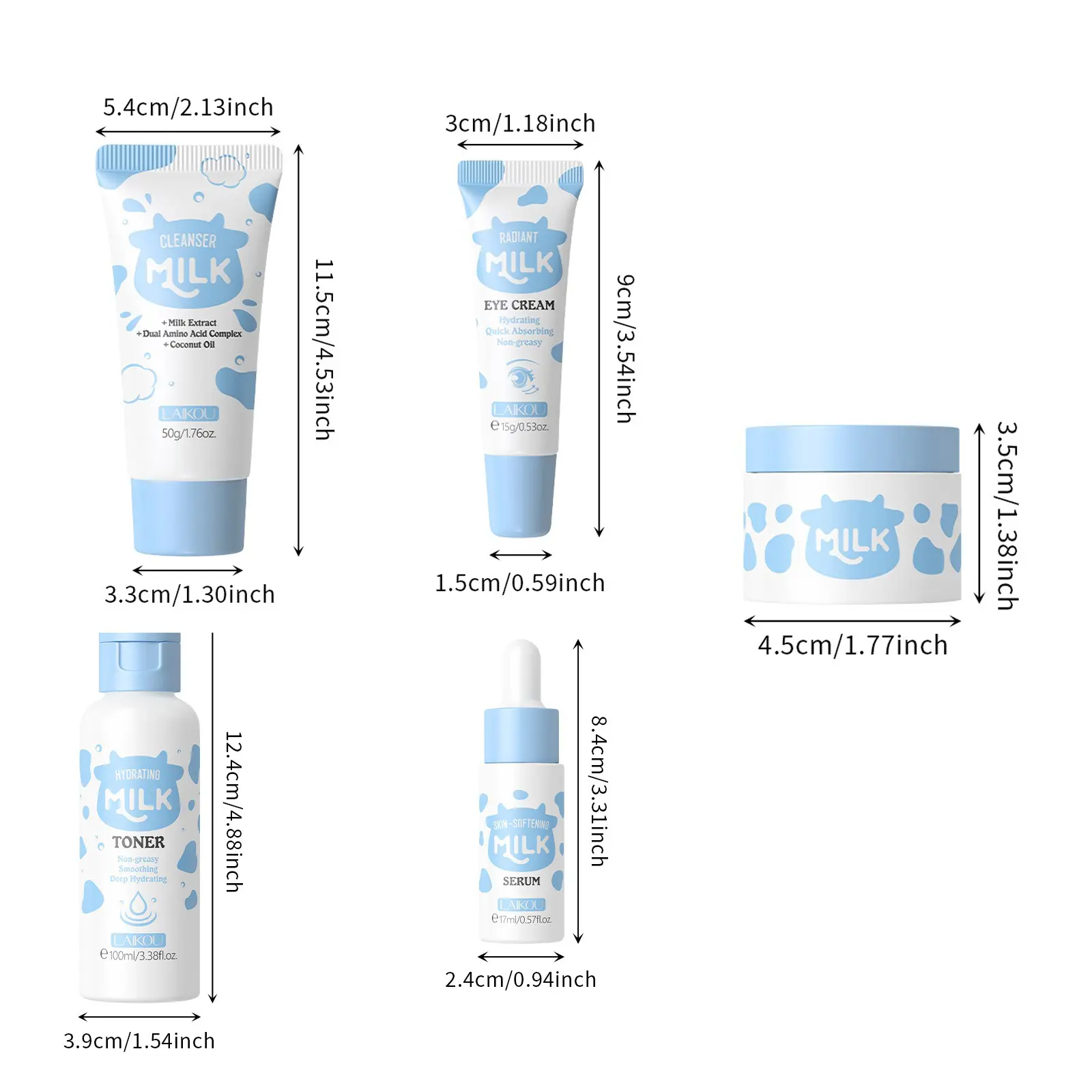 Laikou Milk Skincare Set 5-Piece, Includes Cleanser, Toner, Serum