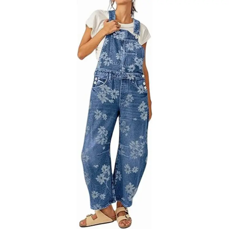 UTCOCO Women's 2XL Flower Printed Cotton Patchwork Cowgirl Denim Overalls - Baggy Barrel Leg, Boyfriend Style, Zipper Detail, Party-Ready Clothes for Women