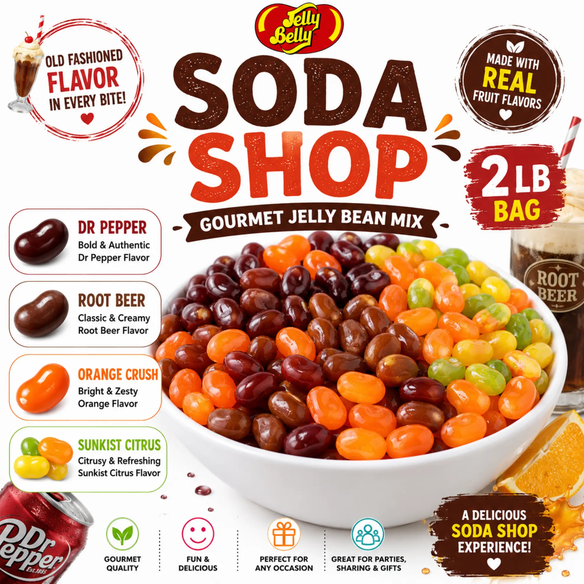 Jelly Belly Soda Flavor Mix Jelly Beans - Fruit, Sweet Assortment with Dr Pepper, Root Beer, Orange Crush, Sunkist Citrus - 2lb Bulk Bag for Movie Night Snacks, Party Candy Buffet - Premium Soft Chewy Treats