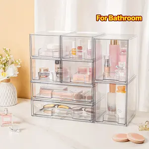 Five-piece combined cosmetics storage box, stackable storage drawers, transparent plastic organizing box, suitable for cosmetics and beauty products, ideal for dressing tables and bathrooms, Makeup Cosmetic Organizer
