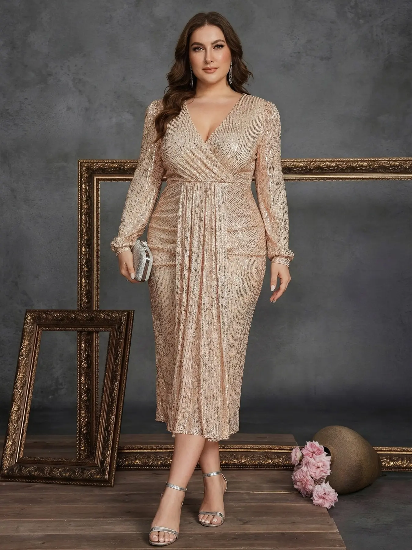 plus size gold sequin dress long ZAPAKASA Women Sparkly Plus Size Gold Long Prom Dress Mermaid Spaghetti  Straps Sequined Embroidery Evening Dress with Slit main image 0