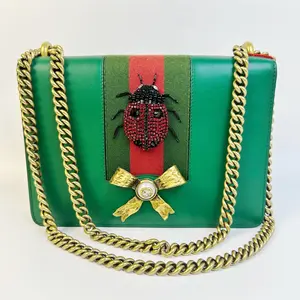 Pre-owned GUCCI Green Smooth Calfskin Leather Vintage Web Ladybug Chain Shoulder Bag